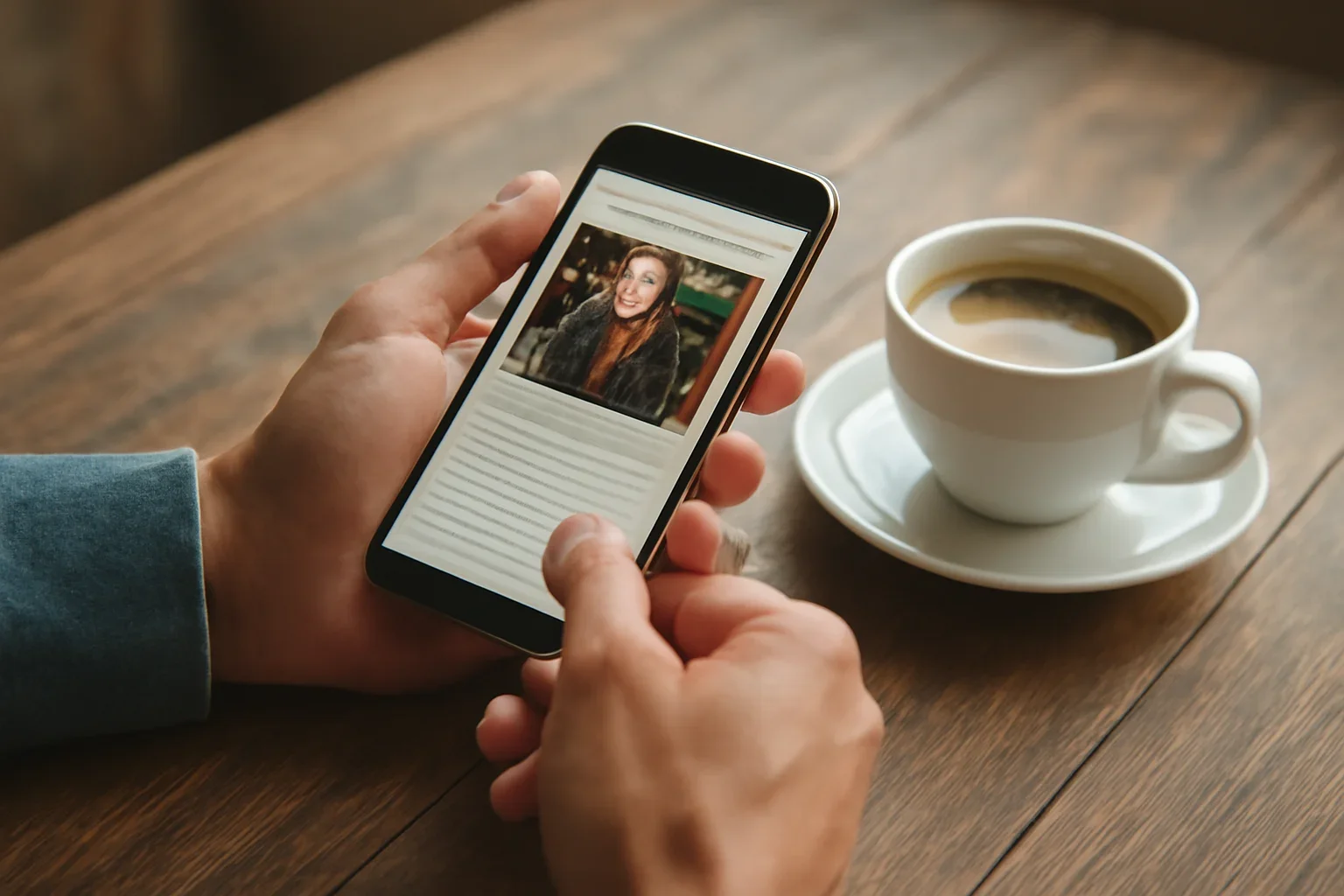 Reader opening a politics newsletter on a phone beside morning coffee