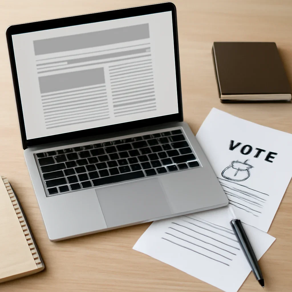 Laptop inbox showing a clean newsletter layout with political notes nearby