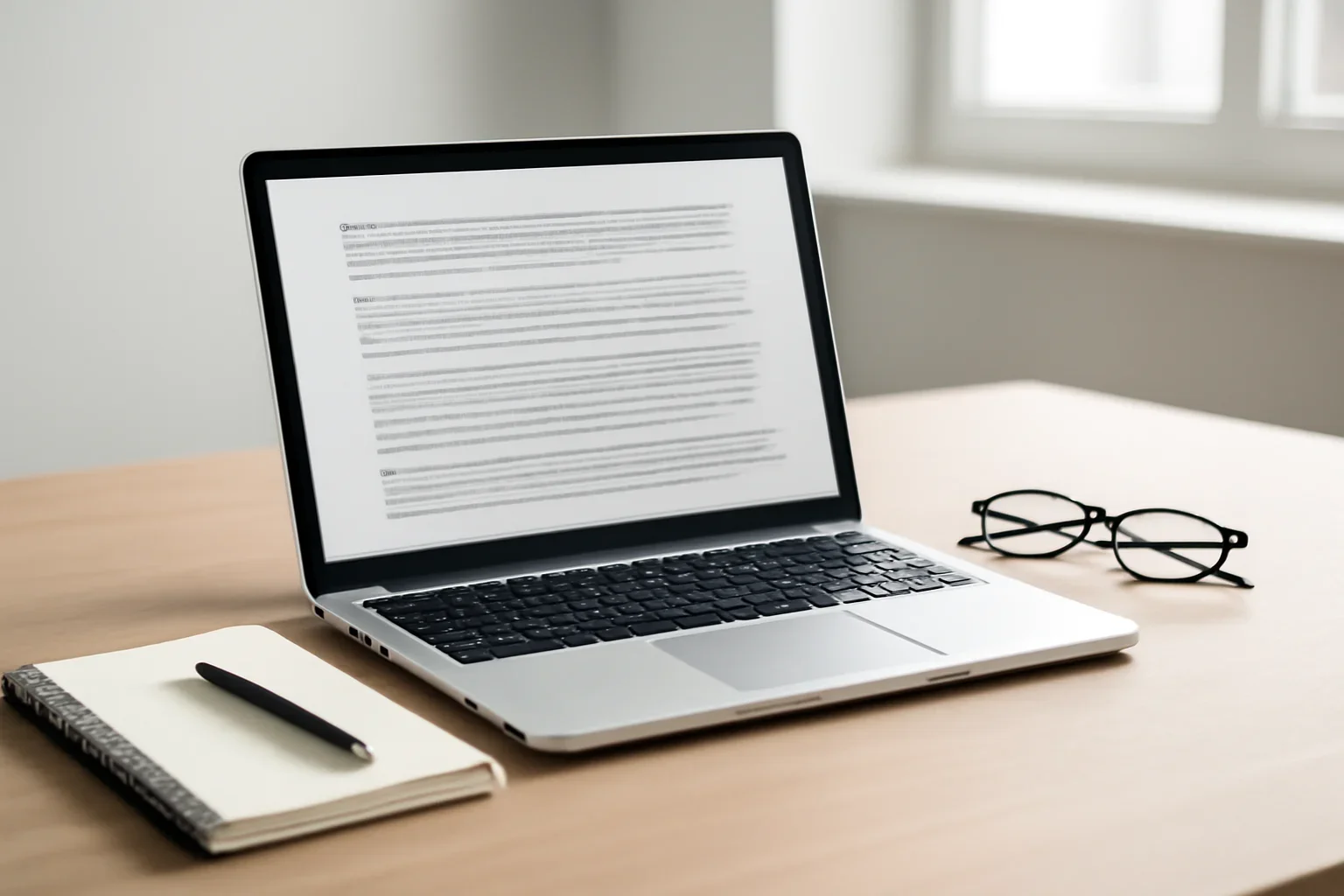 Open laptop displaying website policy text beside a notebook and glasses