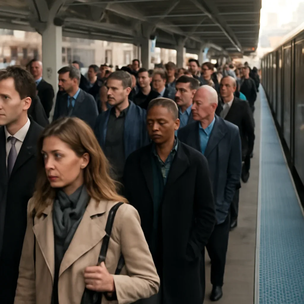 Commuters on a station platform during morning rush hour