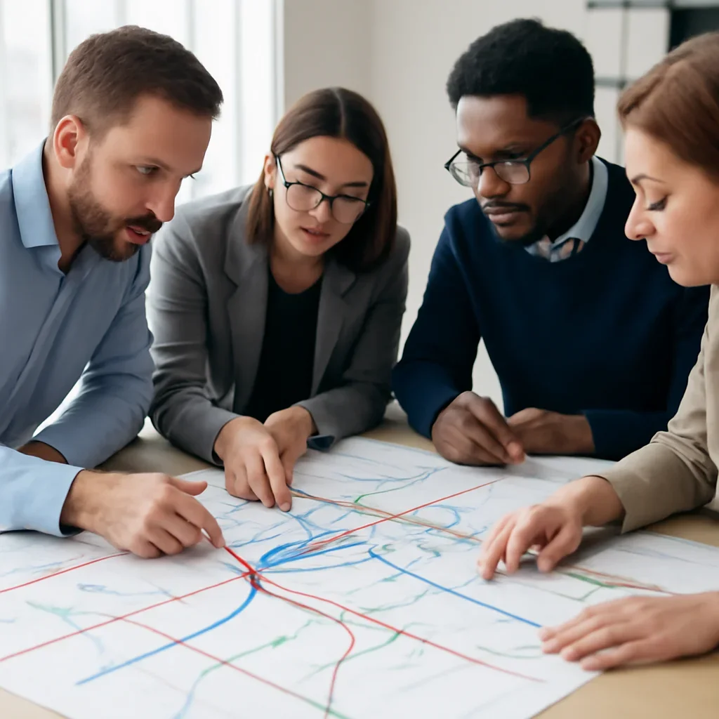 Transport planners reviewing an integrated route map, image
