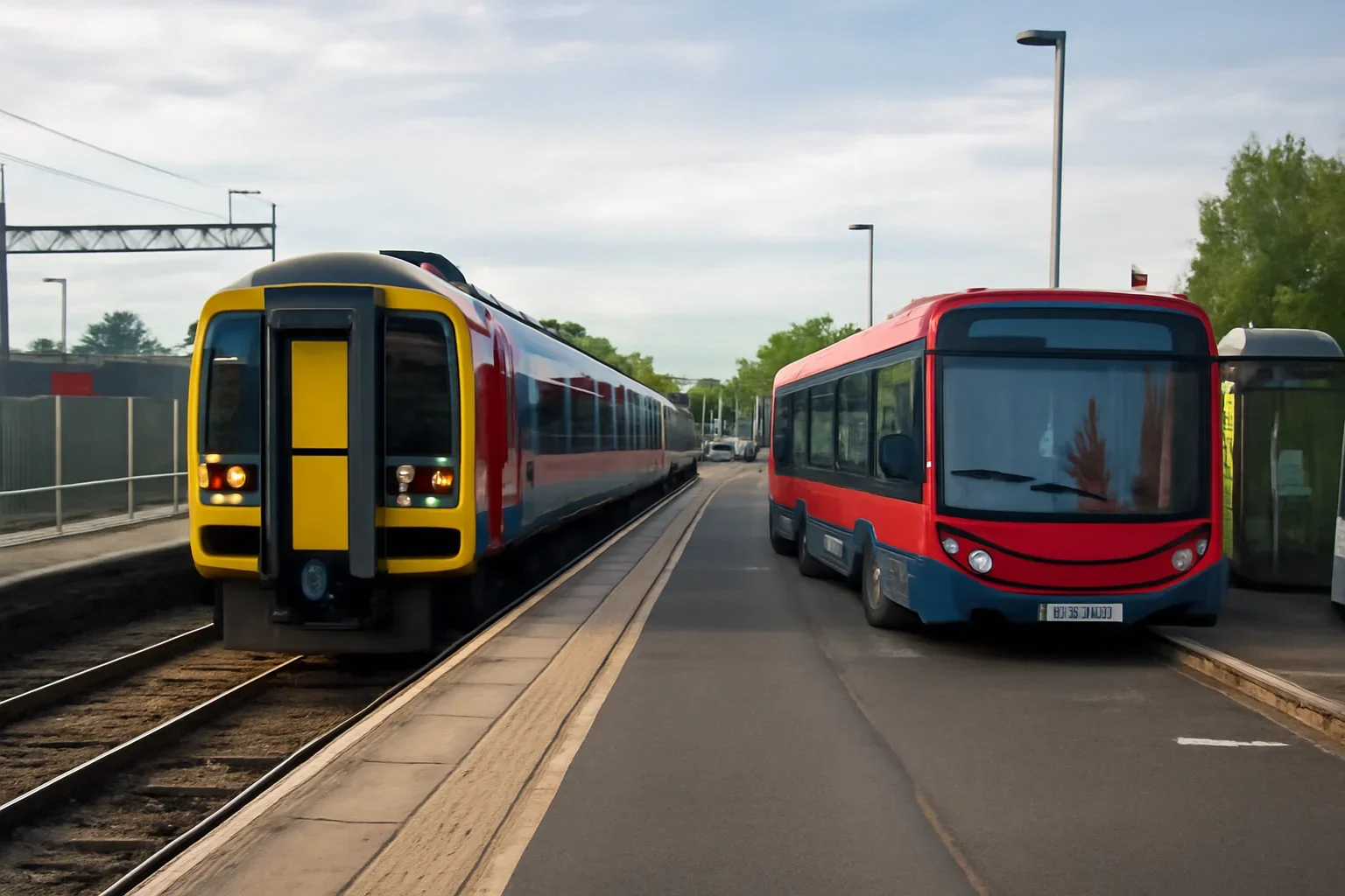 Regional train and connecting bus services at an interchange in Britain