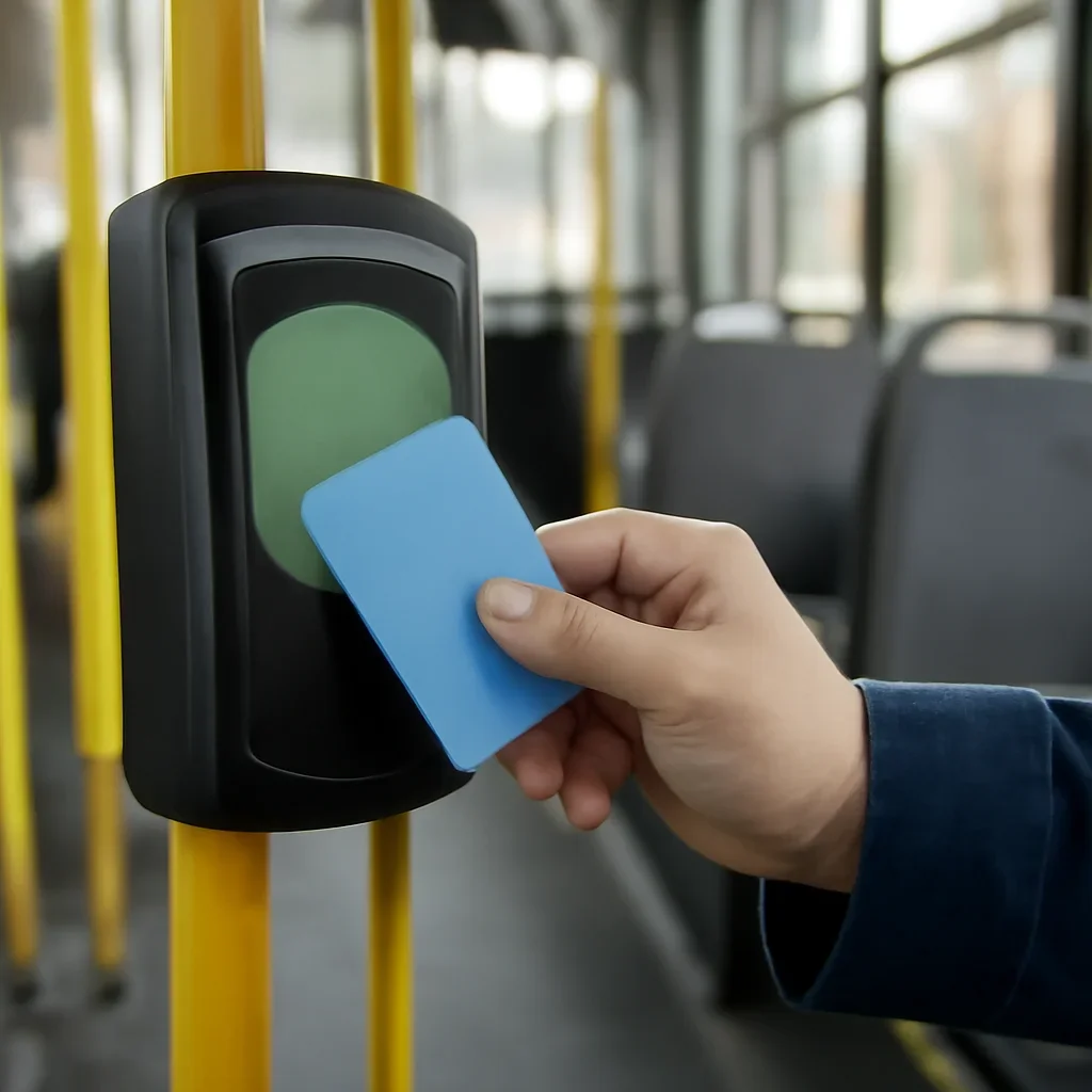 Passenger tapping into a bus with a contactless card