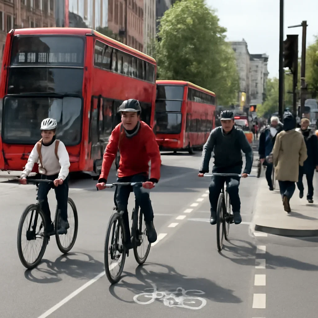 Cyclists moving through a safe city junction near buses and pedestrians