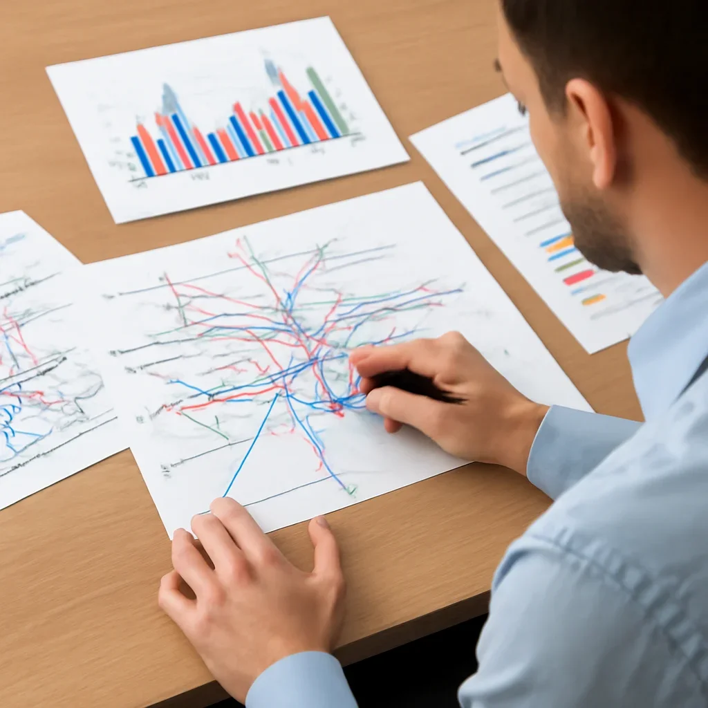 Transport planner reviewing route maps and service charts on a desk, image
