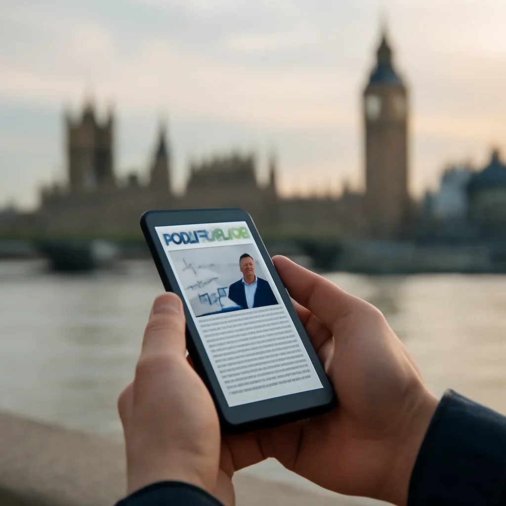 Reader checking a politics newsletter on a phone with a London skyline softly blurred behind