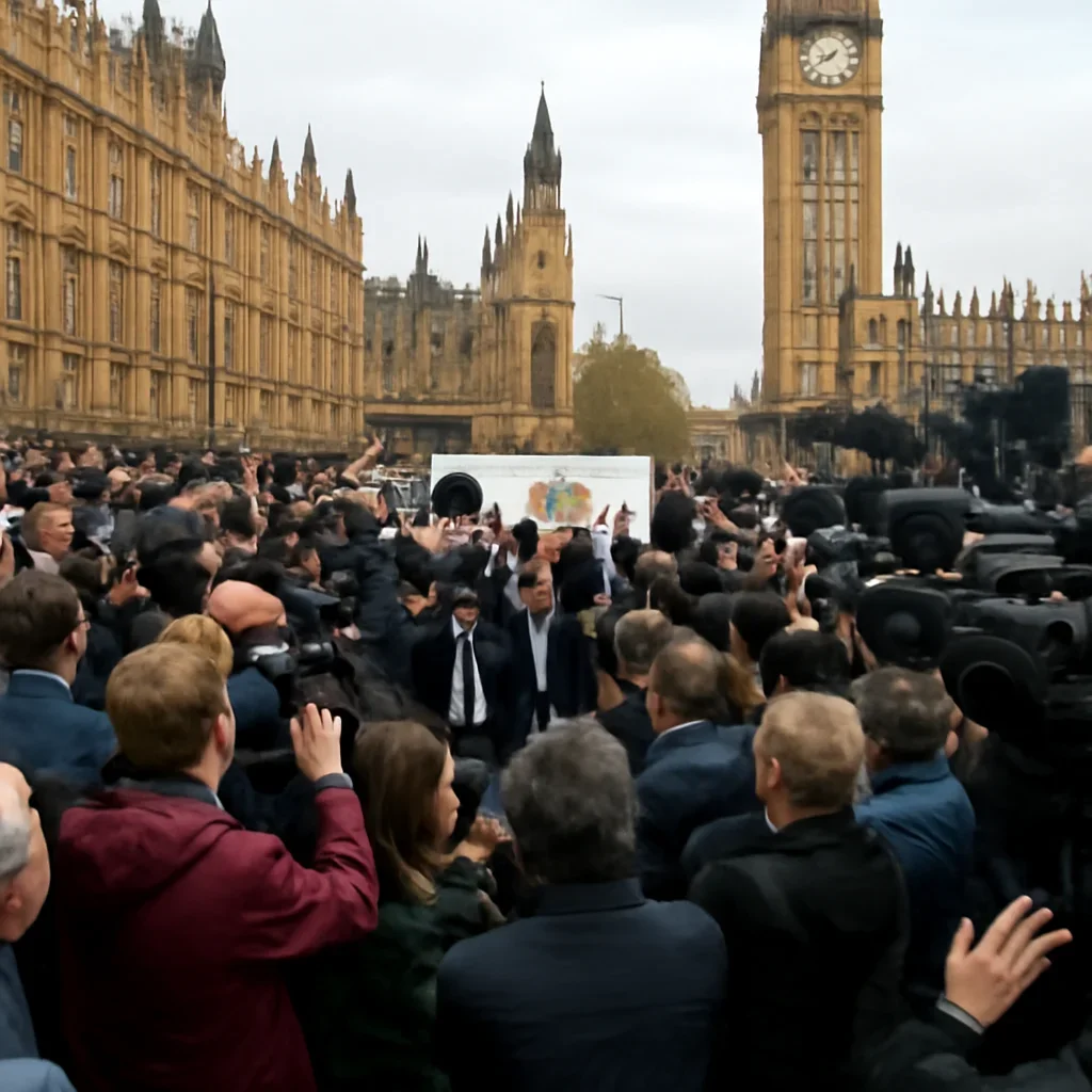 Crowd outside Westminster with camera crews and MPs arriving, energetic but neutral documentary photograph