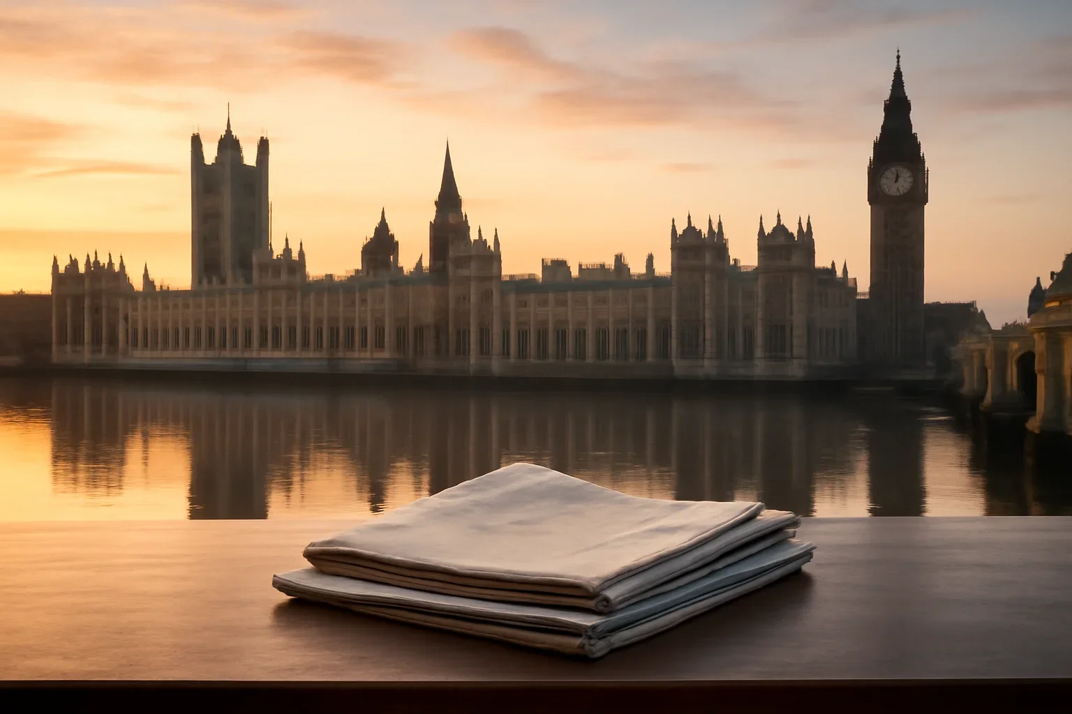 The Palace of Westminster at first light with newspapers on a desk in the foreground