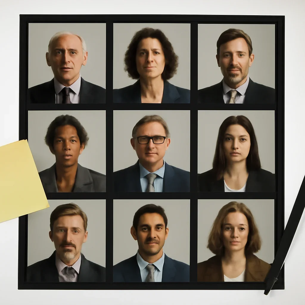 Portraits arranged on a lightbox contact sheet with notes prepared for a newsletter sign-up promotion