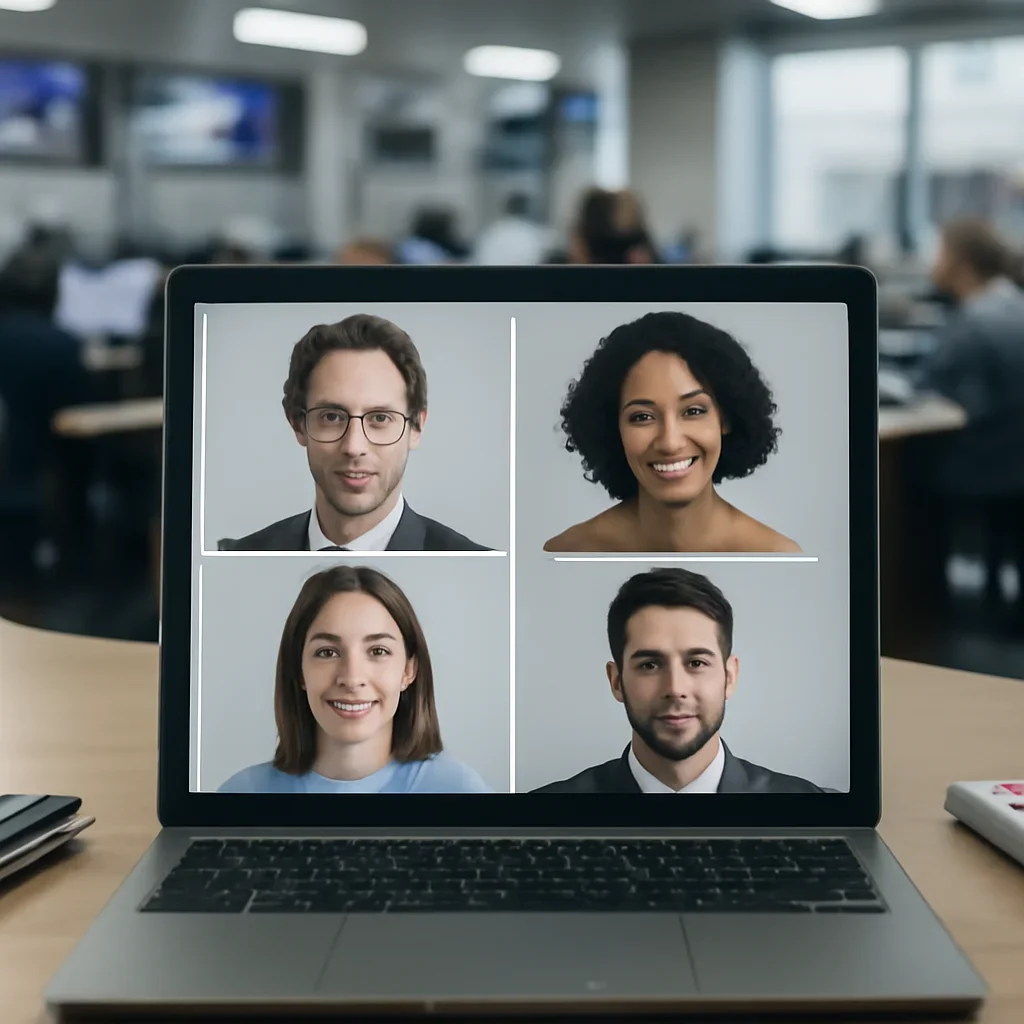 Contributor profile cards on a laptop screen in a newsroom