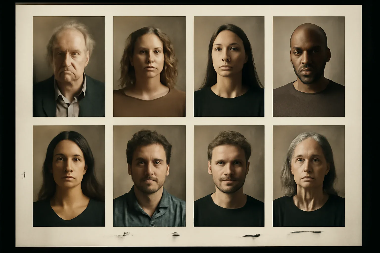 Portraits arranged on a lightbox contact sheet with notes