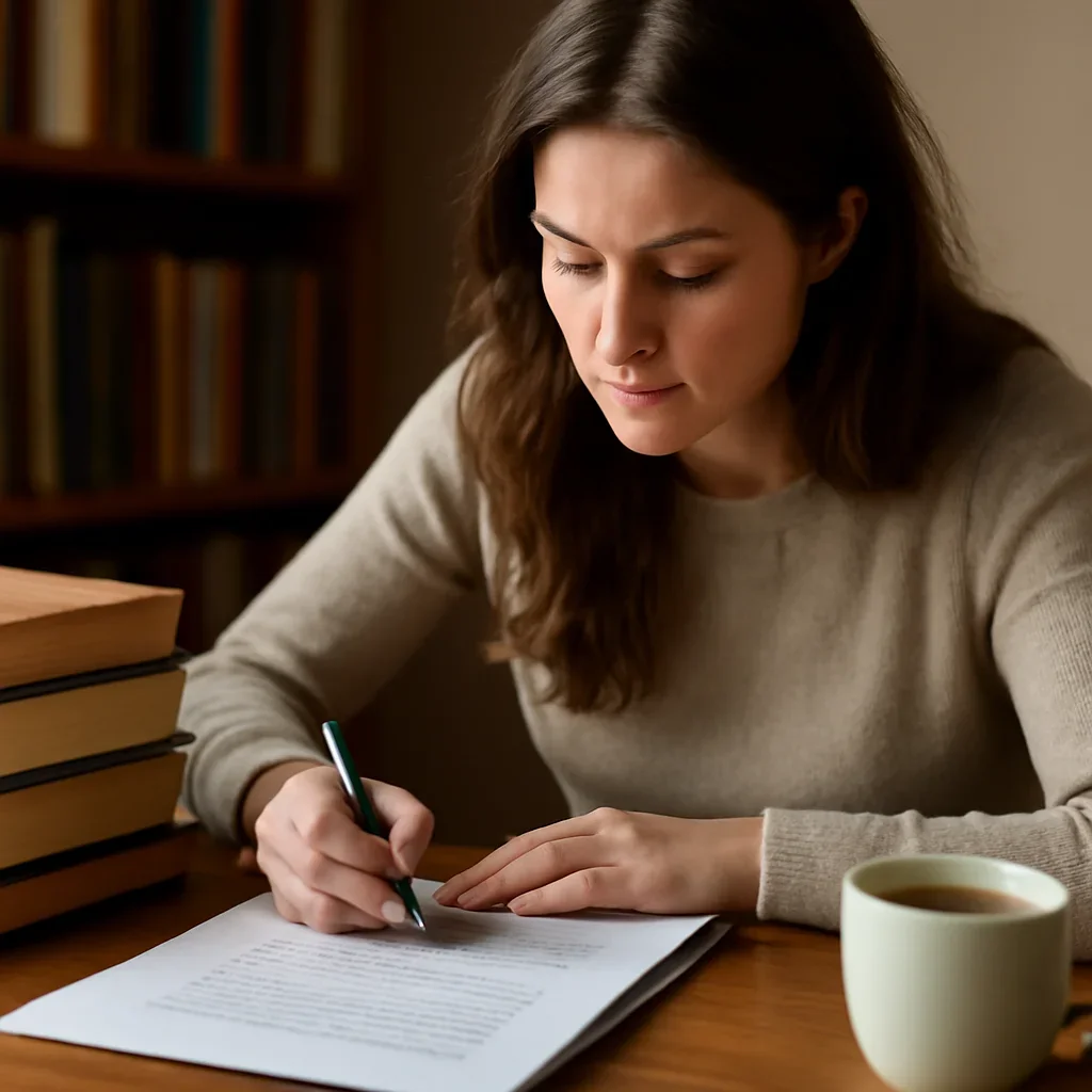 Writer editing a draft beside books and a cup of tea